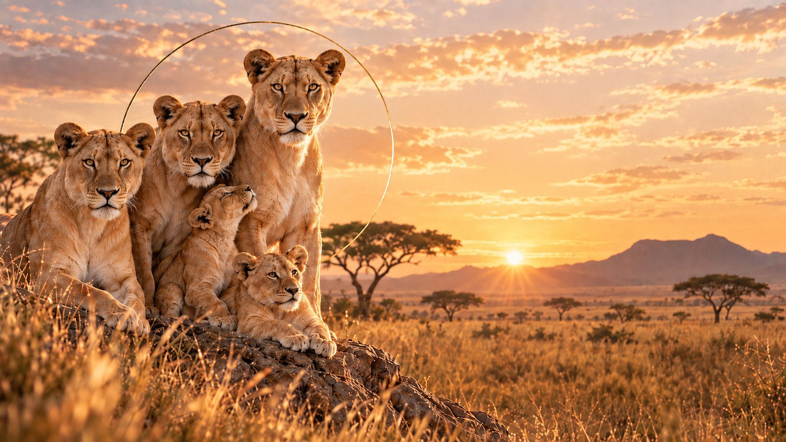 A lioness and her pride resting together at sunrise on the savanna, encircled by a golden halo.